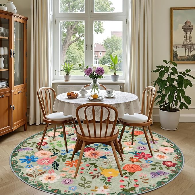 Round Area Rug for Living Room: 6 ft Floral Washable Circle Rug Soft Boho Non-Slip Carpet Indoor Stain Resistant Low Pile Small Circular Rug for Bedroom Entryway Kitchen Nursery Home Office Green
