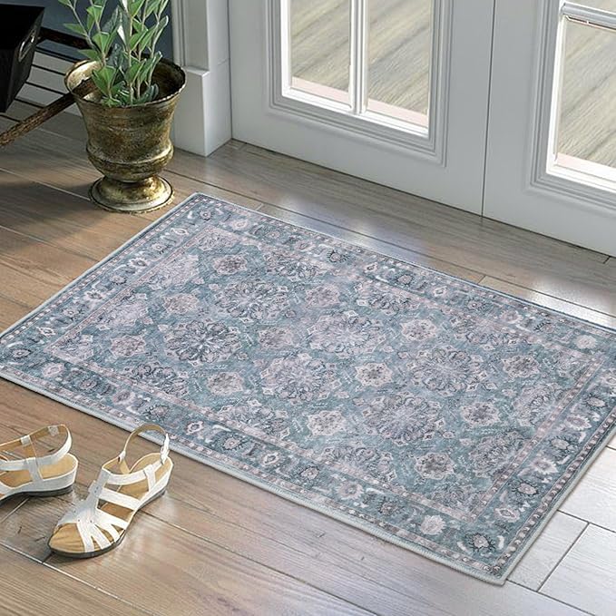 SERISSA Vintage Floral Rugs for Entryway, 2x3 Blue Grey Entryway Rug Non-Slip Washable Small Area Rug, Ultra Soft Boho Low-Pile Indoor Door Mat Floor Carpet for Entrance Bedroom Kitchen Bathroom