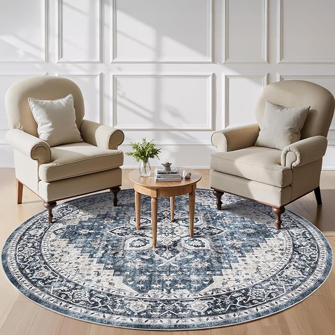 AMADA HOMEFURNISHING Round 8ft Area Rugs, Low-Profile Washable Rug with Non-Slip Backing & Durable Edge Binding, Vintage Rugs for Living Room, Bedroom, Dinning Room
