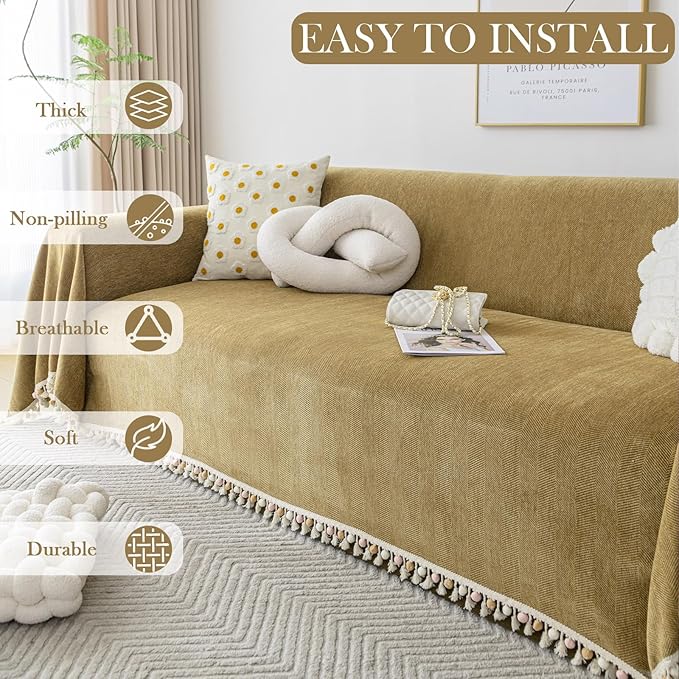 HANDONTIME Couch Covers for Pets Boho Mustard Yellow Love Seat Couch Covers Brown Sofa Cover for Dogs Pet Couch Protector Chenille Tassel Sofa Slipcovers Sofa Throw Cover Boho Decor, 71" X134"