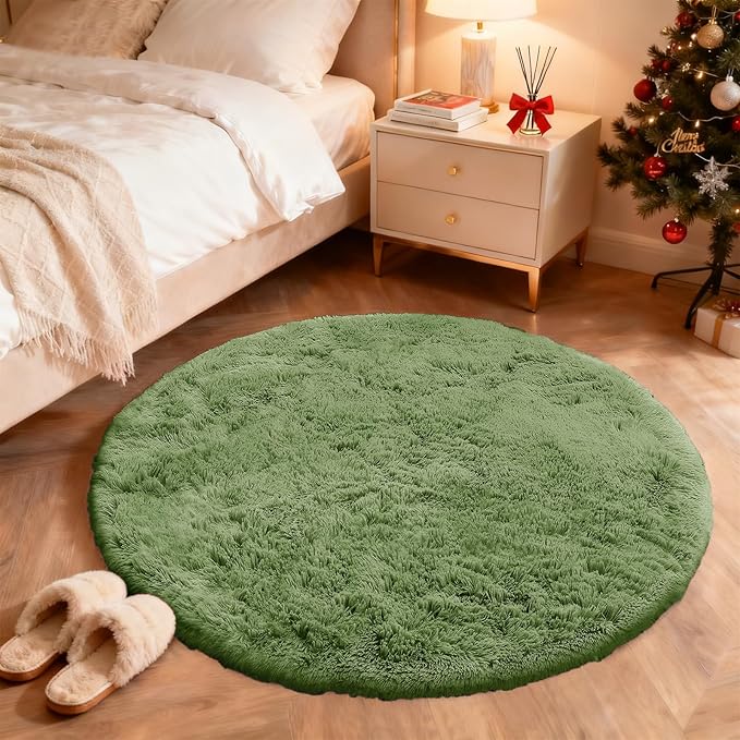 OLANLY Green Round Rugs for Bedroom - Machine Washable, 4 ft Circle Area Rugs for Living Room, Soft and Fluffy Shaggy Carpet for Teen Girl and Boys, Nursery Rooms, Dorms, Home Decor Aesthetic