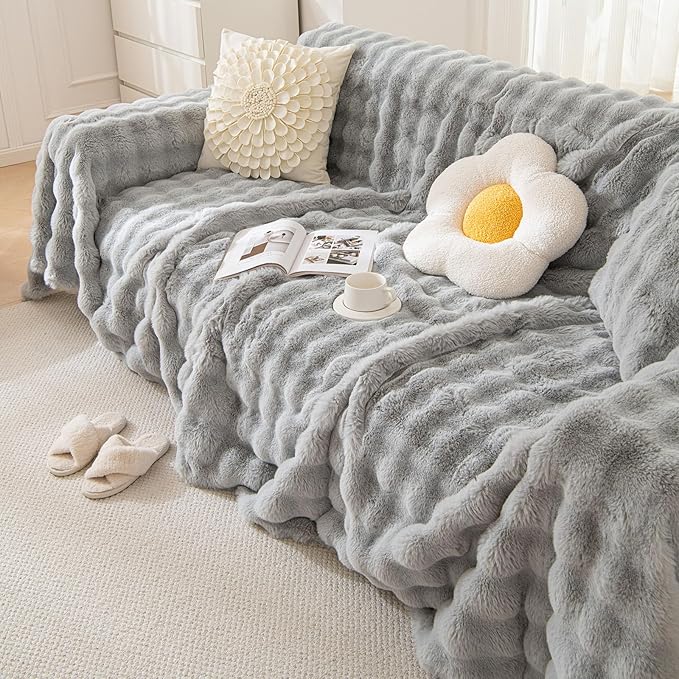 HANDONTIME Grey Plush Sofa Covers Washable Rabbit Plush Couch Cover Soft Cozy Faux Fur Couch Protector for Dogs Fluffy Plush L Shaped Sofa Cover Pet Friendly Couch Protector Furniture, 71" X118"