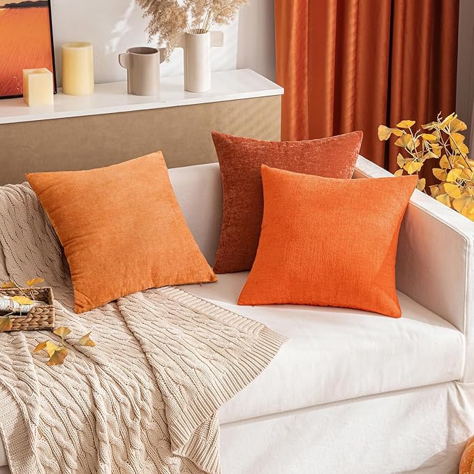 MIULEE Pack of 2 Orange Throw Pillow Covers 20x20 Inch Soft Chenille Pillow Covers for Sofa Living Room Couch Solid Dyed Cases