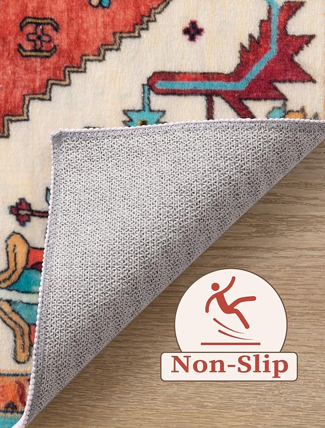 SERISSA Runner Rug for Hallways, 2'6"x16' Washable Non Slip Kitchen Runner Rug, Extra Long Boho Rug Ultra Soft Vintage Orange Print Floor Carpet for Bedroom Hallway Entryway Bathroom Laundry Room