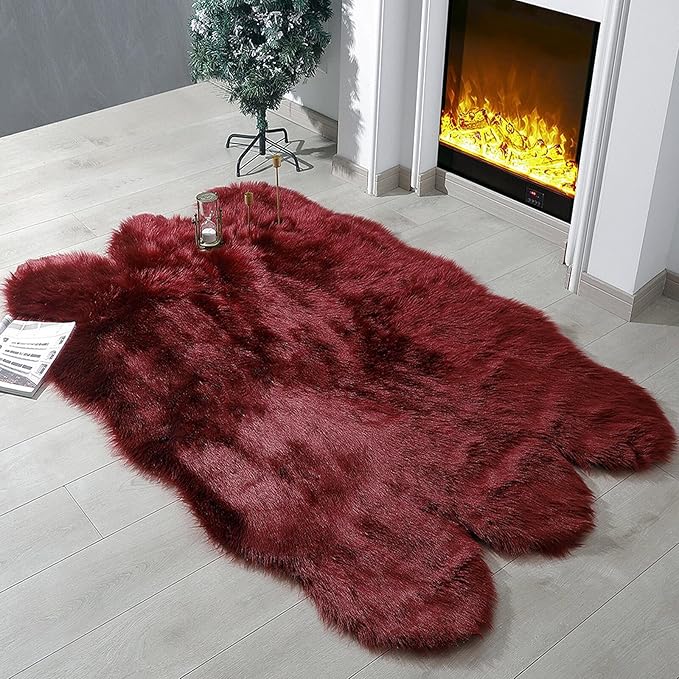 linmopm Faux Fur Rug Sheepskin Shag Fluffy Fuzzy Red 4x6 ft Rugs for Bedroom Bedside Bed Floor Living Room Plush High-Density Cushion Carpet Super Sofa Cover