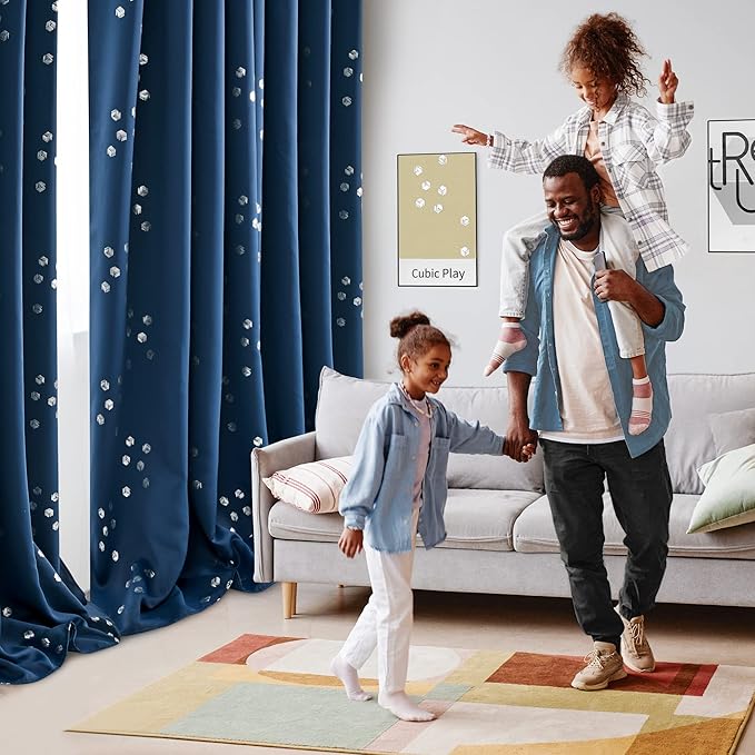 Deconovo Designer Series Silver Print Cubic Print Blackout Curtains for Living Room Bedroom, Thermal Insulated Soundproof Window Drapes, Grommet Top, Navy Blue, 52W x 84L Inch, 2 Panels