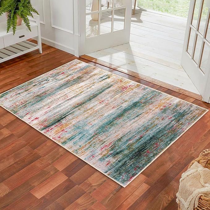 KOZYFLY Area Rug 3x5 Modern Ombre Living Room Rug, Washable Rugs for Bedroom Non-Slip Soft Stain Resistant Striped, Print Green Abstract Carpet for Living/Laundry/Kid Room