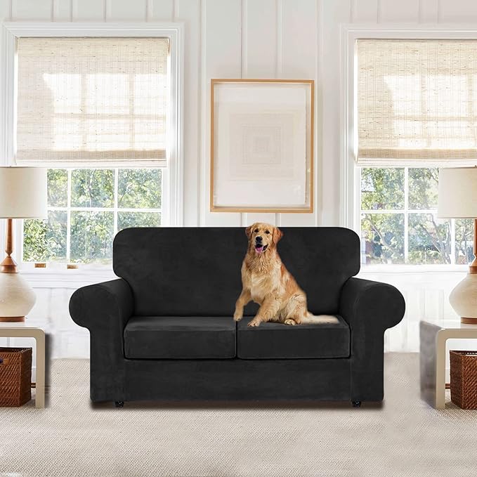 WEERRW Velvet Couch Covers for 2 Cushion Couch Sofa - High Stretch Luxury Velvet Plush 3 Pieces Sofa Slipcovers with Elastic Bottom, Furniture Protector for Pets, Machine Washable, Black, Medium