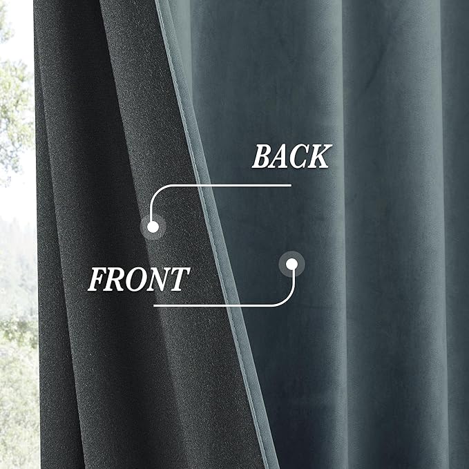 RYB HOME Dusty Blue Velvet Drapes for Baby Boy Bedroom, Thermal Insulated, Light Blocking, Floor-Length Velvet Curtains with Hook Belt for Modern Home Decor, 52" W x L84 L, 2 Panels Set