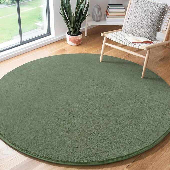 Amearea Sage Green Round Area Rugs 5ft Washable Circle Rugs for Bedroom Living Room, Fluffy Indoor Thickened Memory Foam Rug, Non Slip Minimalist Circular Carpet for Kids Boy Girl Dorm Nursery Room