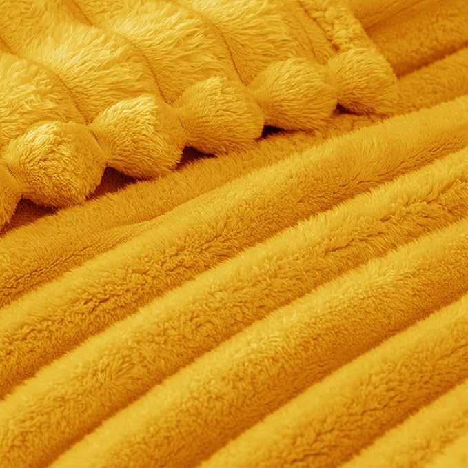 Exclusivo Mezcla Queen Size Flannel Fleece Blanket, Super Soft Striped Jacquard Bed Blanket, Lightweight Fuzzy Cozy for All Seasons, 90x90 Inches, Mustard Yellow