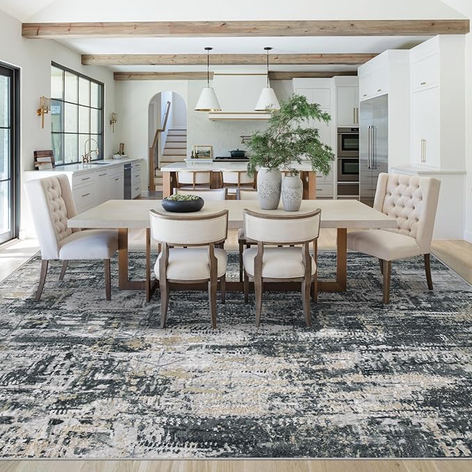 XLUEZ 8x10 Area Rugs for Living Room, Washable Modern Abstract Large Area Rug Neutral Soft Non Slip Kids Rug Stain Resistant Indoor Carpet for Bedroom Nursery Dining Room Office(BlackGreyGold, 8'x10')