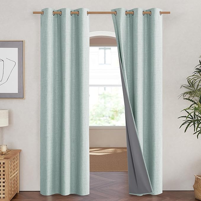 NICETOWN 100% Absolutely Blackout Linen Curtains with Thermal Insulated White Liner, Seafoam Green, 42" Wide, 84" Length Energy Saving Curtains for Living Room 2 Panels Set, Vertical Blinds