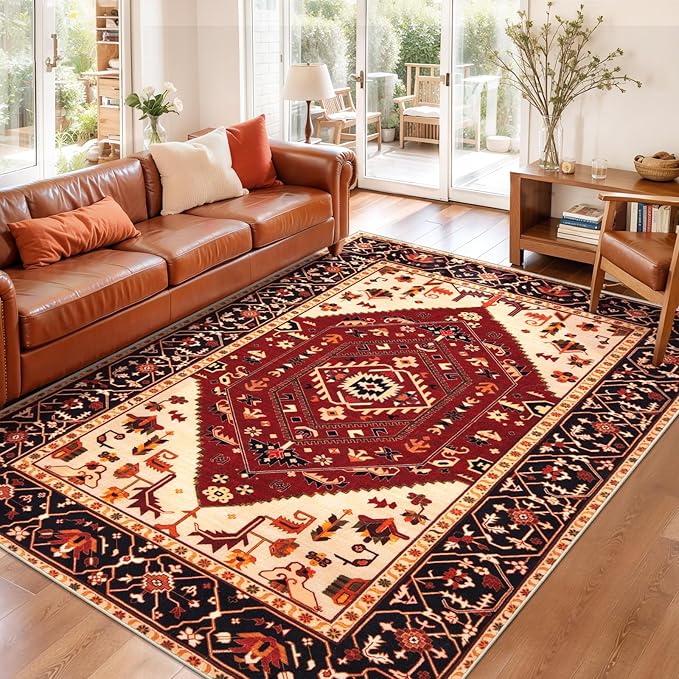 SERISSA Area Rug 3x5 Boho Rugs for Bedroom, Washable Non-Slip Living Room Rug, Ultra Soft Print Distressed Vintage Red Black Rug Low-Pile Throw Carpet for Entry Kitchen Bedroom Nursery Dorm Decor