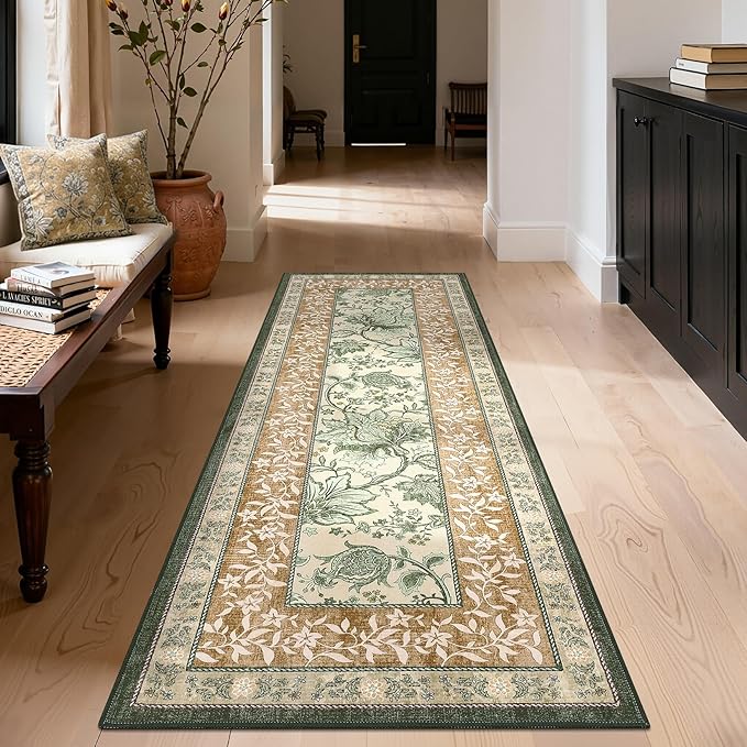 GarveeHome Terracotta Olive Sage Green Washable 5x7 Area Rugs, Botanical Grove Vintage Cottage core Non-Slip Rug for Bedroom Living Room Nursery Kitchen Low-Pile Retro Carpet