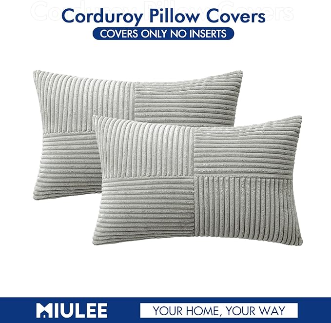MIULEE Silver Grey Decorative Lumbar Throw Pillow Covers 12x20 Inch for Couch Bed Sofa Pack of 2 Boho Farmhouse Throw Pillows Soft Cross Corduroy Patchwork Textured Cushion Cases