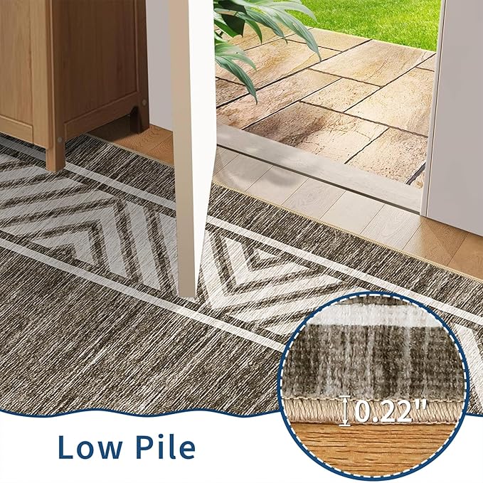 GarveeHome Washable Hallway Rug 2x6 Narrow Modern Bordered Floor Runner, Non-Shedding Contemporary Bedside Rug, Foldable Ultra-Thin Carpet Runner for Bedroom, Kitchen, Laundry Room, Brown