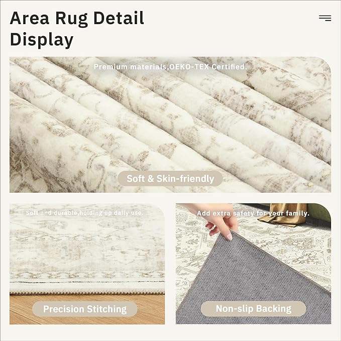 3x5 Rug, Small Area Rug for Kitchen, Entryway, Machine Washable Non-Slip Throw Rug, Vintage Carpet for Nursery Coffee Table Beige/Brown