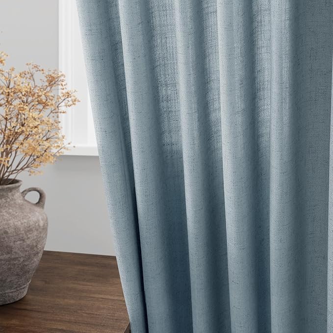 Nanspring Light Blue Linen Curtains for Living Room Bedroom 100 Inches Long Back Tab Rod Pocket Light Filtering Drapes for Protect Privacy Curtain Modern Farmhouse Decor 2 Panels Set 52x100