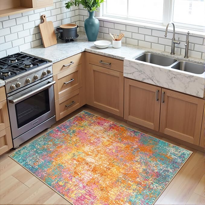 Washable Area Rugs 3'x5' Non-Slip Modern Abstract Soft for Living Room Entryway Bedroom Nursery, Print Pattern, Orange Blue Pink Yellow Colorful