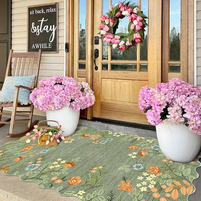 Sage Green Floral Entry Rug - 3x5 Ft Washable Indoor Outdoor Mats for Front Door Non-Slip Porch Rug Non-Slip Boho Throw Rugs for Living Room Bedroom Entryway Kitchen Office Porch Decor