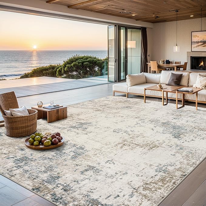 Area Rugs 10x12 Living Room - Washable Rug Modern Abstract Soft Large Neutral Non-Slip Carpet Indoor Floor Thin Carpets for Bedroom Dining Room Farmhouse Nursery Home Office Multi