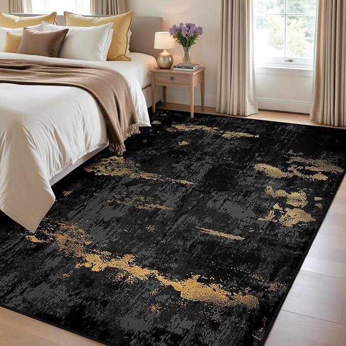 Washable Area Rugs 3'x5' Non-Slip Modern Abstract Soft for Living Room Entryway Bedroom Nursery, Print Pattern, Dark Black Gold