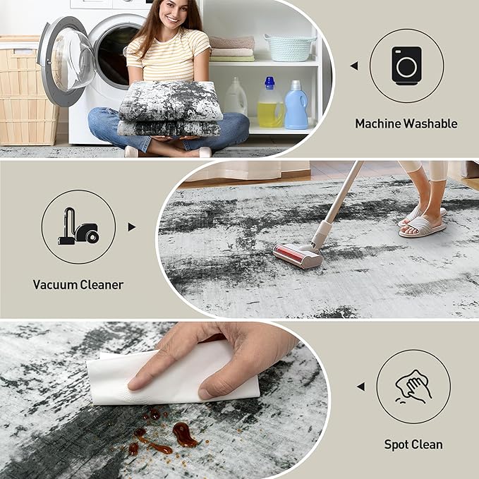 6x9 Area Rugs Washable Rug: Large Modern Abstract Living Room Rug Soft Anti-Skid Thin Carpet Indoor Floor Non-Shedding Carpets for Bedroom Dining Room Farmhouse Nursery Home Office Black White Grey