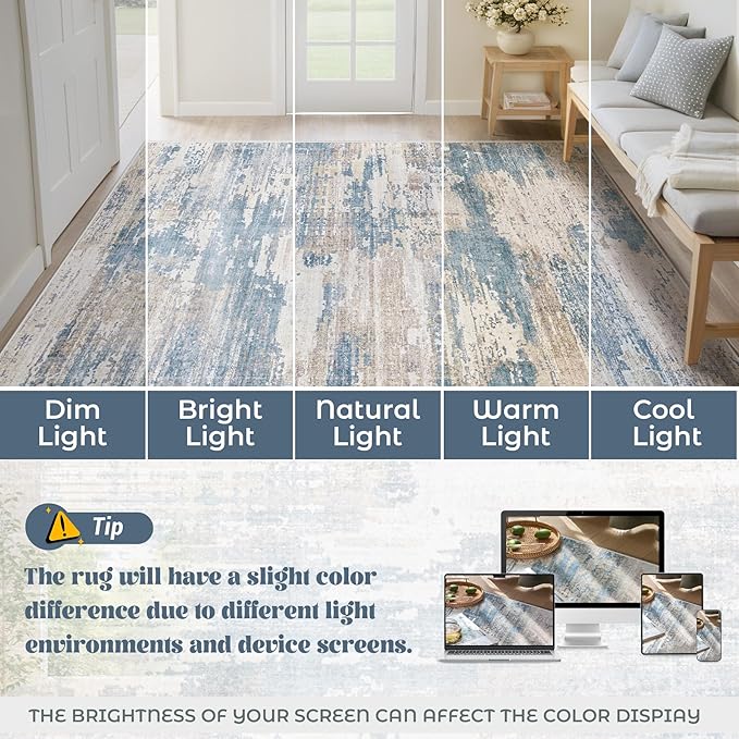 XLUEZ 8x10 Area Rugs for Living Room, Washable Modern Abstract Large Area Rug Neutral Soft Non Slip Kids Rug Stain Resistant Indoor Carpet for Bedroom Nursery Dining Room Playroom(BlueBeige, 8'x10')
