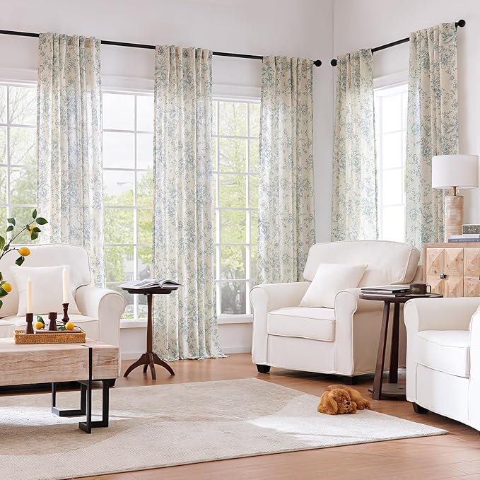 jinchan Linen Blend Curtain Floral Curtains for Living Room 108 Inch Length Blue Printed Curtain Rod Pocket Back Tab Farmhouse Peony Flower Patterned Drapes Bedroom Window Curtains Set 2 Panels