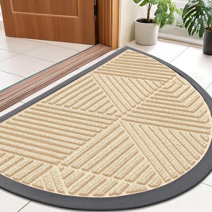 Smiry Half Circle Front Door Mat Outside Entrance, Heavy Duty Sturdy Natural Rubber Doormat, Trap Dirt and Moisture, Low Profile Mats for Indoor Outdoor Entry, Irregular Triangle (35x23, Beige)