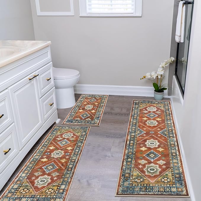 HEBE Boho Kitchen Rug Sets 3 Piece with Runner Non Slip Kitchen Rugs and Mats Washable Kitchen Mats for Floor Thick Kitchen Floor Mat Carpet Runner Rugs for Hallway Laundry Holiday Decor