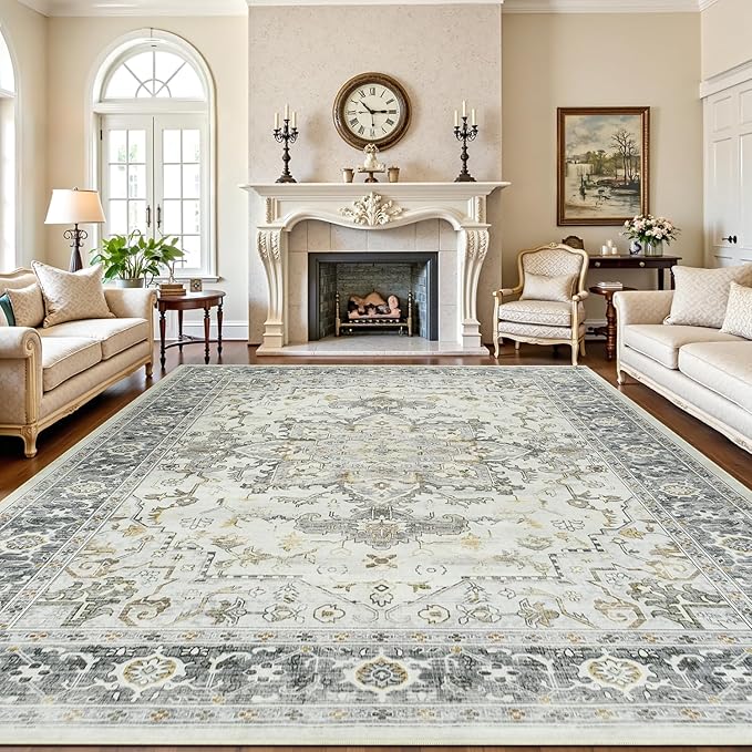 Lofus 8x10 Area Rugs for Living Room, Machine Washable Non-Slip Area Rug, Low Pile Large Rugs for Bedroom, Kitchen, Dining Room, Home Office, Vintage Oriental Print Rug, Taupe Grey