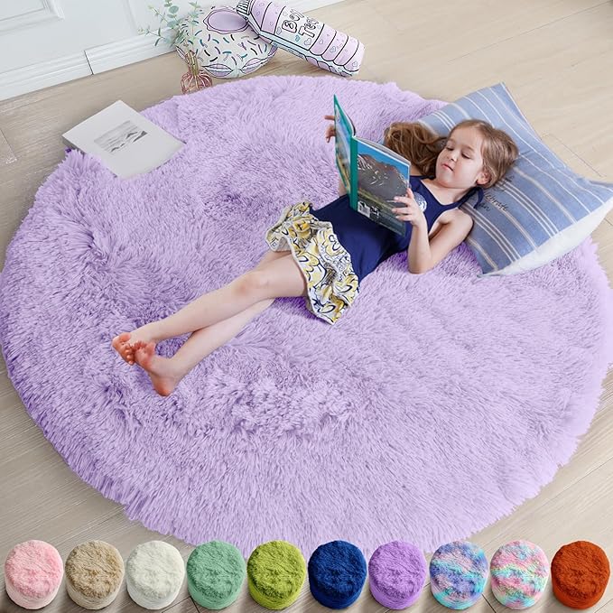 Amdrebio Light Purple Round Circle Rug 5Ft for Girls Bedroom, Fluffy Fuzzy Area Rugs for Kids Room Decor Aesthetic, Cute Furry Shaggy Circular Princess Carpet for Playroom, Baby Nursery, Preppy Dorm