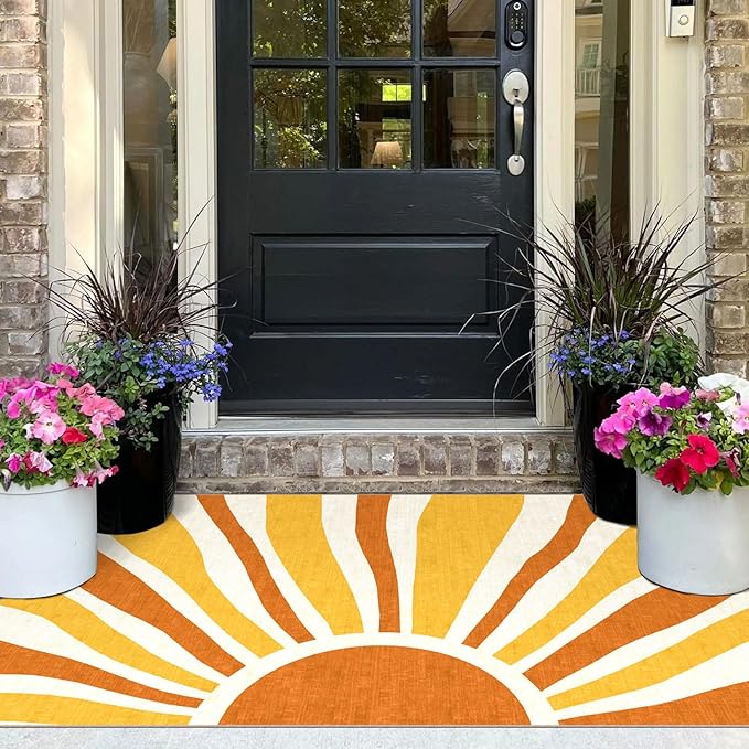 3x5 Boho Entry Rug - Small Washable Indoor Outdoor Mats for Front Door Non-Slip Porch Rug Orange Modern Retro Sun Throw Rugs for Living Room Bedroom Entryway Kitchen Office Porch Decor