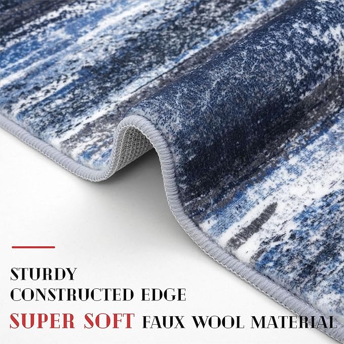 Lansny Modern Abstract Runner Rug 2x5, Navy Blue Washable Entryway Kitchen Runner Non-Slip Soft Hallway Rug Runner Thin Print Faux Wool Carpet for Bedroom Laundry Room Indoor