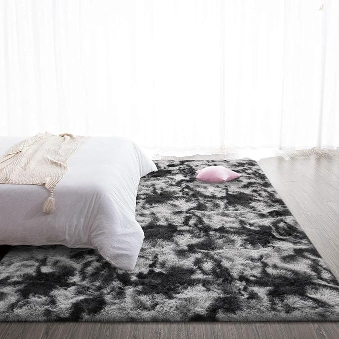 TWINNIS Super Soft Shaggy Rugs Fluffy Carpets 8x10 Feet, Indoor Modern Plush Area Rugs for Living Room Bedroom Kids Room Nursery Home Decor, Upgrade Anti-Skid Fuzzy Rug, Black and Grey