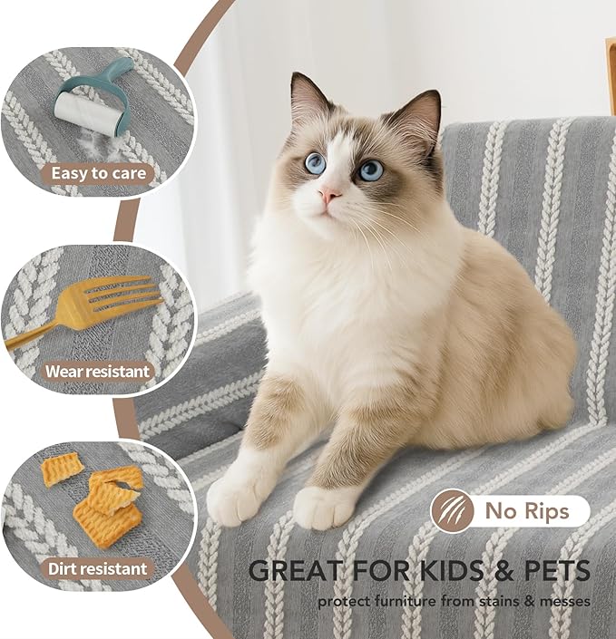 Boho Sofa Covers for 3 Cushion Couch, Couch Cover for Dogs, Loveseat Cover Soft Throw Blankets with Tassels(Striped Grey, 71x134)