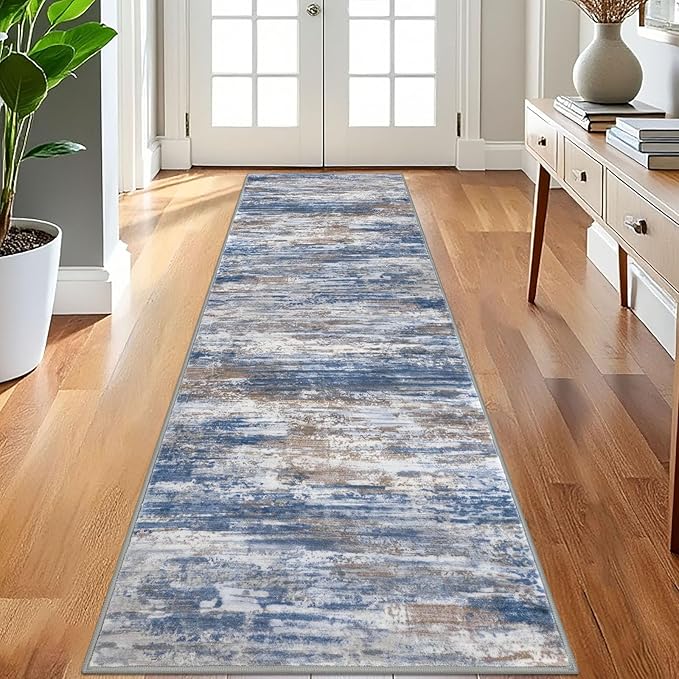KOZYFLY 3x8 Ft Rug Modern Ombre Runner Rug for Hallway, Washable Kitchen Rugs Non-Slip Soft Striped Entryway Rug, Print Blue Rust Abstract Carpet for Laundry Nursery
