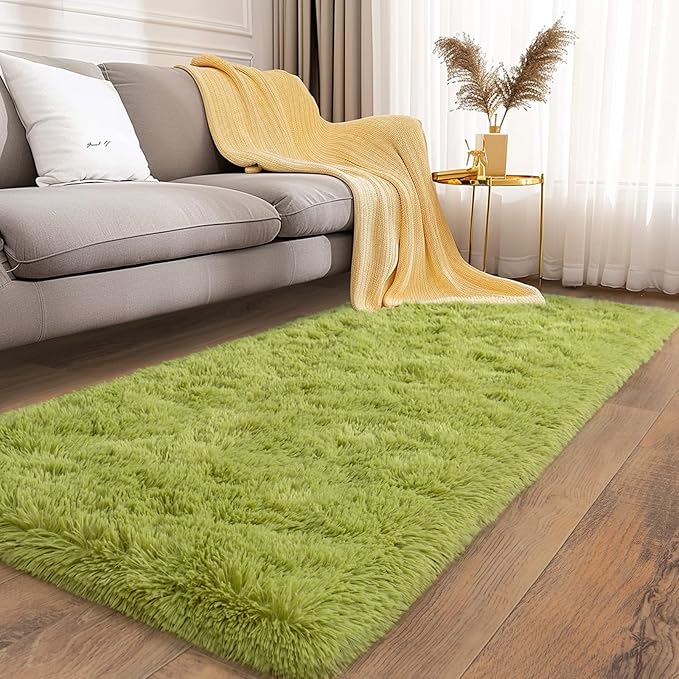 Soft Runner Rugs for Bedroom Hallways, 2x6 Grass Green Fluffy Shag Throw Area Rug Non Slip for Bedside Dorm, Long Shaggy Furry Carpet for Nursery Living Room
