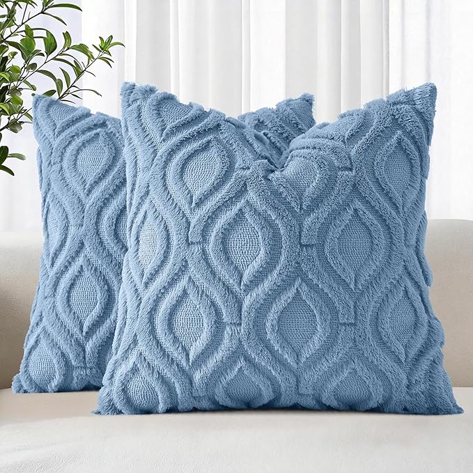 decorUhome Throw Pillow Covers 16x16 Inch Set of 2, Soft Plush Faux Wool Bluen Solid Couch Pillow Covers, Accent Farmhouse Neutral Square Pillow Cases for Sofa Bed Living Room
