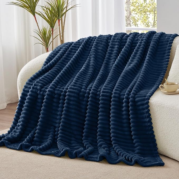 BEDELITE Twin Blanket for Couch & Bed, 300GSM Soft & Warm Fleece Blanket, Decorative and Giftable Striped Navy Blankets for Women, Men, 60"x80"