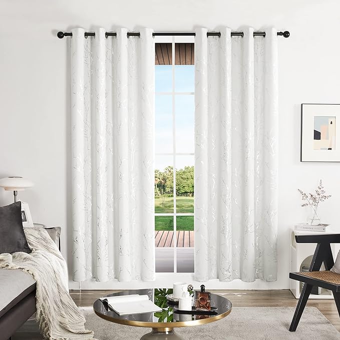 Deconovo White Curtains, Room Darkening Curtain, Thermal Insulated & Noise Reducing Drapes, Silver Branch Pattern, 52 x 108 Inch Long, Grommet Panels for Bedroom Living Room Office Nursery, Set of 2