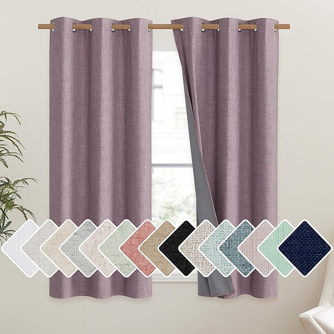 NICETOWN Chaise Mauve Vintage Linen 100% Blackout Curtains for Dining Room, Thermal Insulated Curtains 54" Long, Noise Reducing Window Treatment Drapes for Kitchen, 42" Wide Per Panel, Set of 2