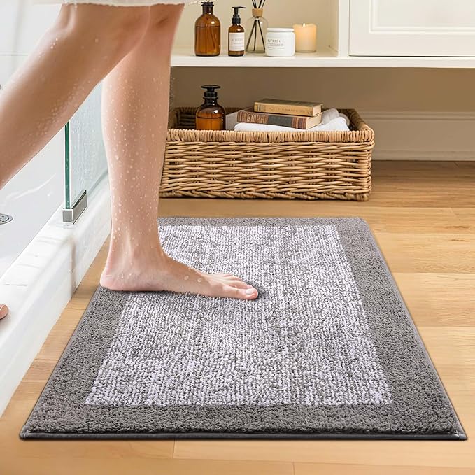 Bathroom Rugs 24x17 Non Slip Washable, Light Grey Bath Mat for Bathroom Floor Tub, Soft Absorbent Quick Dry Mats for Shower, Bathtub,Home Decor