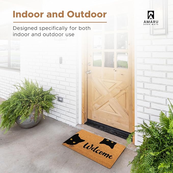 Welcome Cats - 17"x29" - Coir Door Mat with Heavy Duty Backing - Welcome Mats for Entryway, Porch - Anti-Slip PVC & Coconut Fiber Surface - Natural Home Accessories, Minimalist Original Design