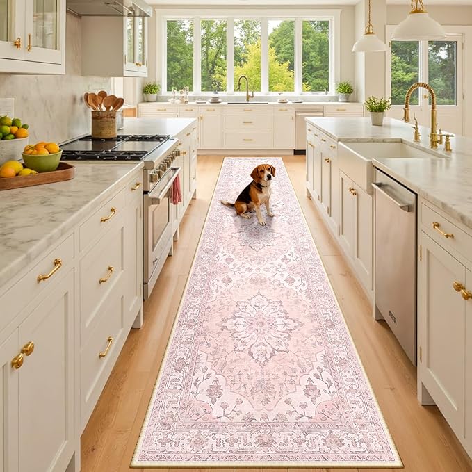 Area Rugs 3'x10' Runner Rug Non Slip Washable for Kitchen Hallway Bedroom Beside Laundry Room Bathroom Rug, Floor Carpet, Pink Greypink Cute