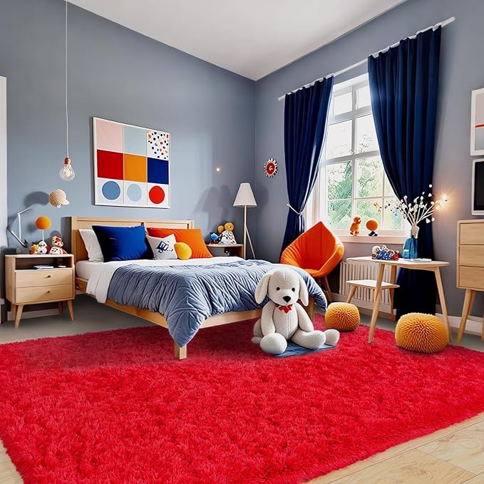 Pionblank 9x12 Area Rug for Living Room, Shag Large Rug for Bedroom, Soft Furry Non Slip Carpet for Kids Room Nursery Teens Dorm Home Decor, Red