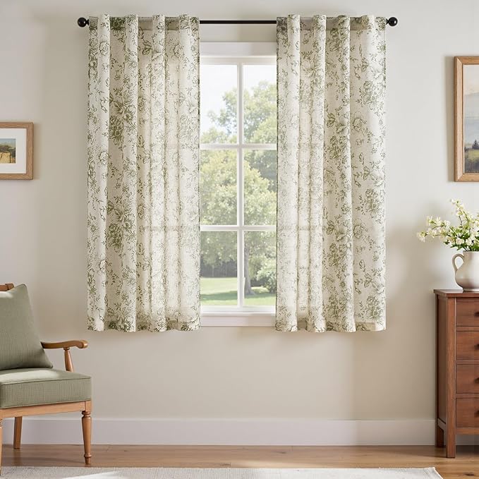 jinchan Linen Floral Curtains 63 Inch Length for Living Room Bedroom Light Filtering Farmhouse Peony Flower Drapes Rustic Window Curtain Set Rod Pocket Back Tab 2 Panels Green