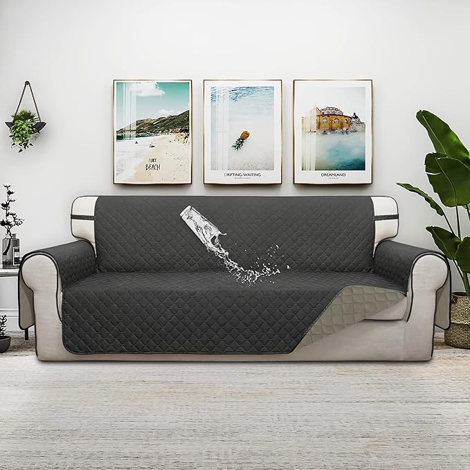 ISSUNTEX Double Protection 100% Waterproof Sofa Covers for Living Room, Couch Covers for 3 Cushion Couch Sofa, Reversible Furniture Protector Sofa Cover for Dogs, Pets, Kids (Sofa, Dark Gray/Beige)